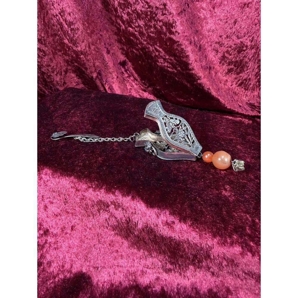 Antique Silver Needle Case Pendant Chatelaine Carnelian Bead Late Qing Dynasty - Picture 5 of 15